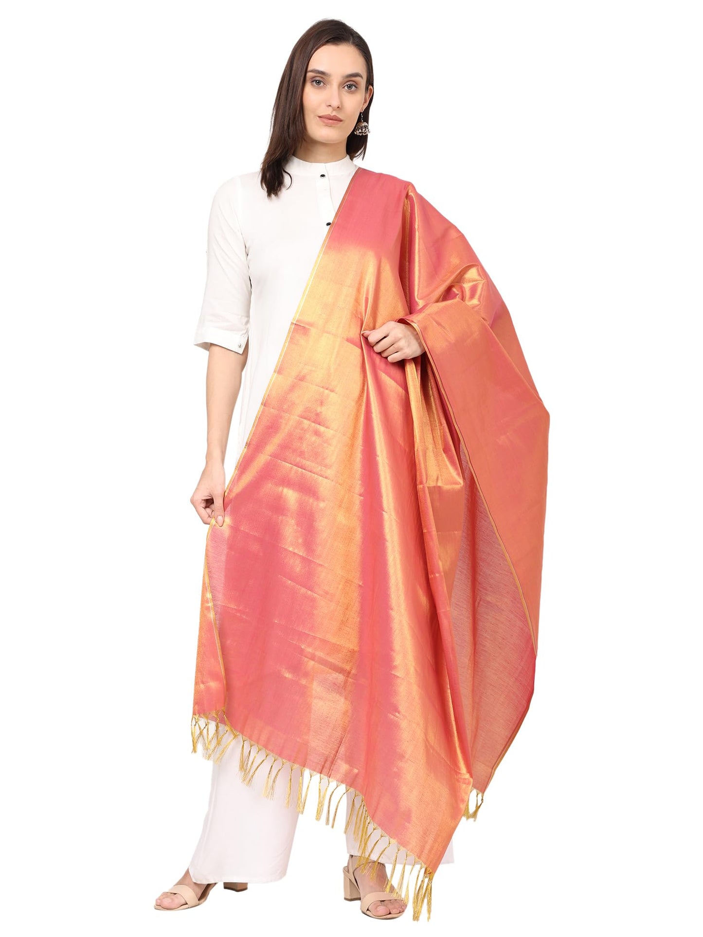 Fashily Womens Soild Silk Plain Dupatta|Shiny Jari Dupatta|Length 2.25M (Golden Rani)