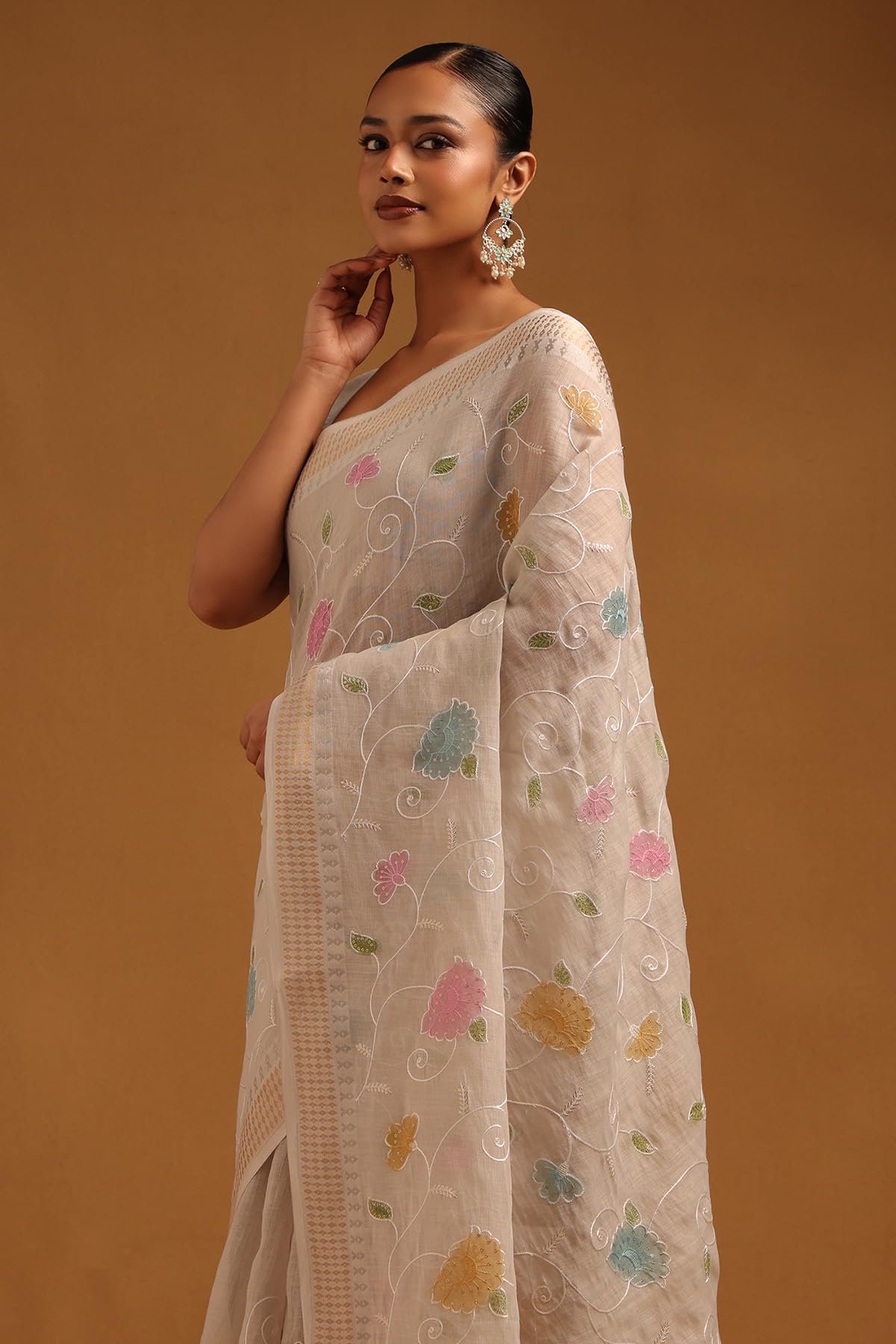 Soch Womens Light Grey Linen Floral Saree With Embroidery and Sequin Details