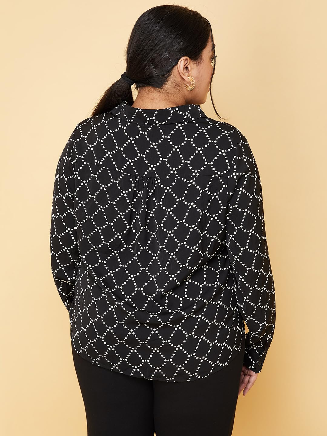 Max Women Plus Size Printed Bishop Sleeve Shirt (RIF01P_Black)