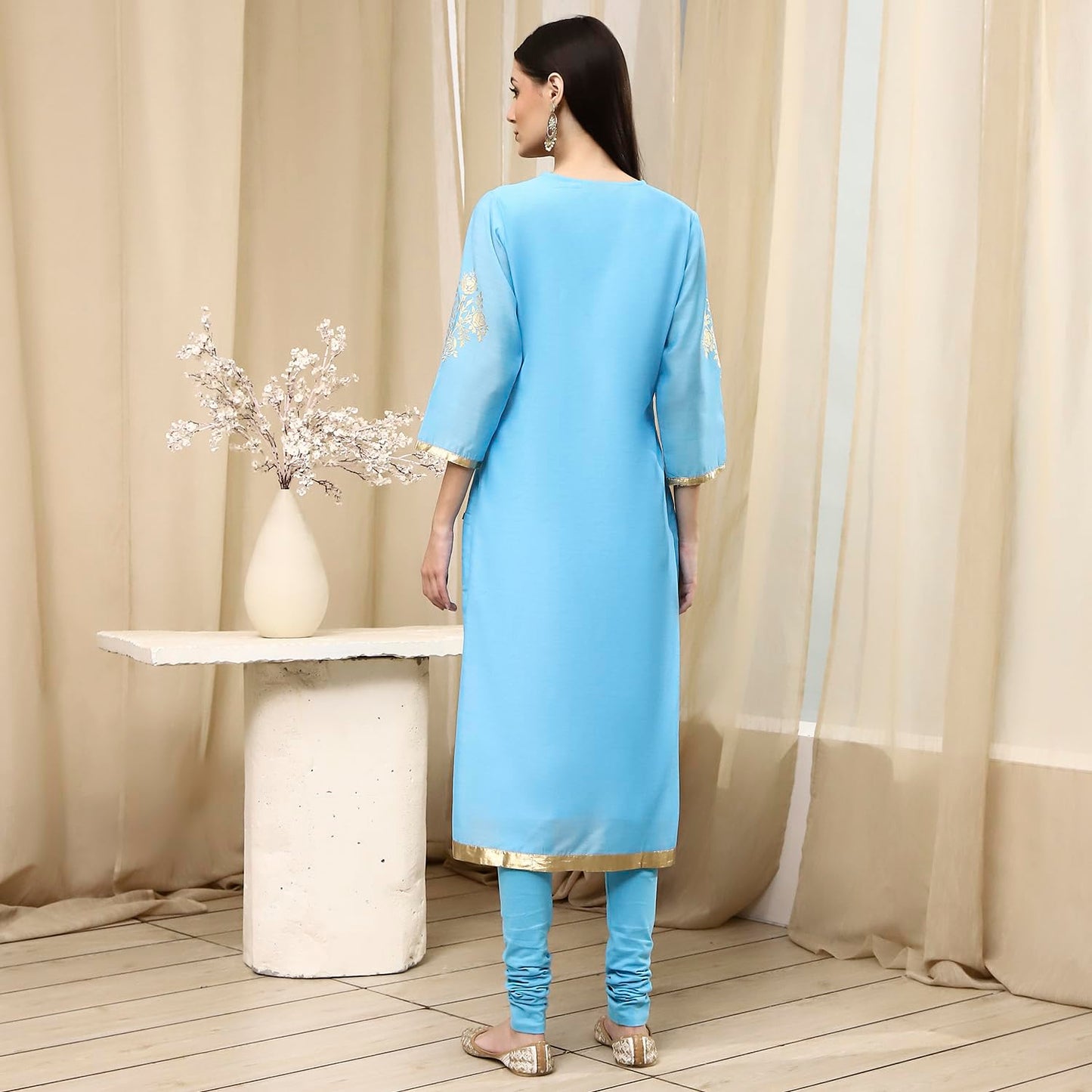 Biba Women's Poly Chanderi Kurta Set (SKDASRT7716ESS25BLU_Blue