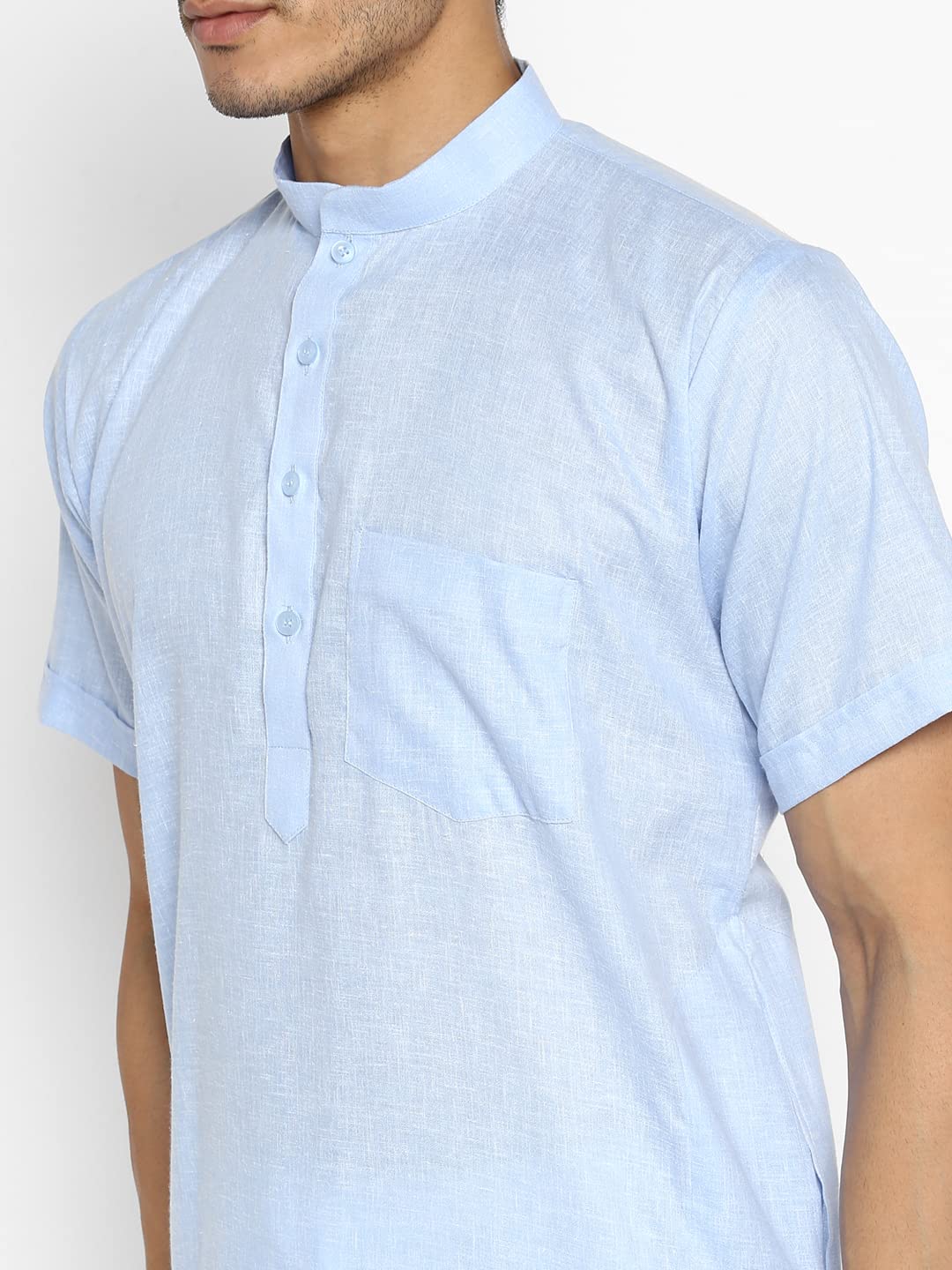 Royal Kurta Mens Cotton Linen Half Sleeved Long Ethnic Kurta (42, Blue)