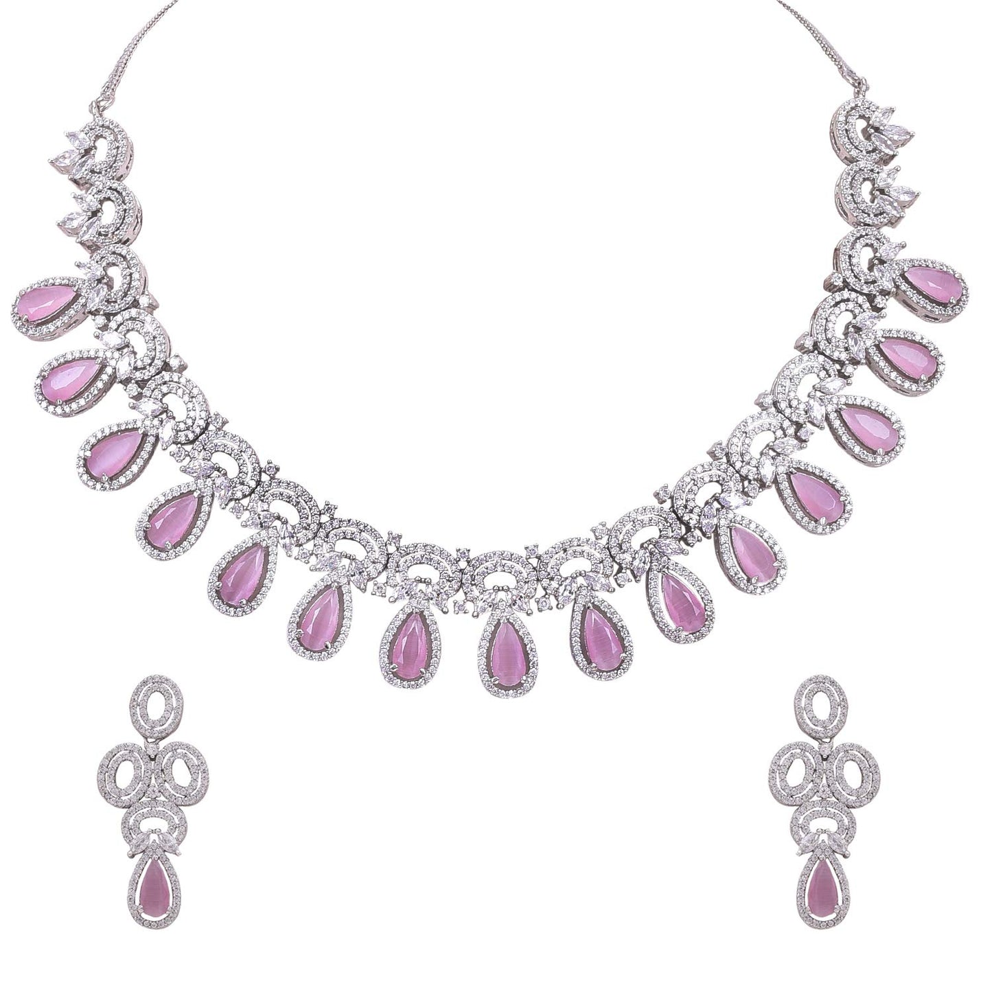 Ratnavali Jewels Brass Silver Plated Designer Pink White Cubic Zirconia Heavy Bridal Necklace & Earrings Set for Women & Girls RV4077P