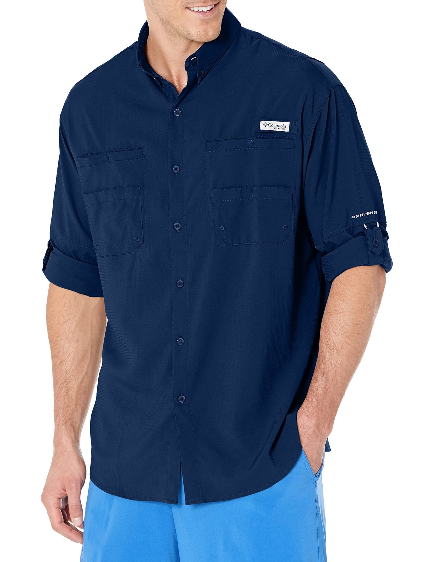 Columbia Men Navy Blue Omni Wick Tamiami II Long Sleeve Hiking | Trekking | Camping | Safari Shirt, XL