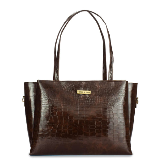Horse and Hash Croco Pattern Western Tote Bags For Womens And Girls Shoulder Bag Extra Spacious (Brown)