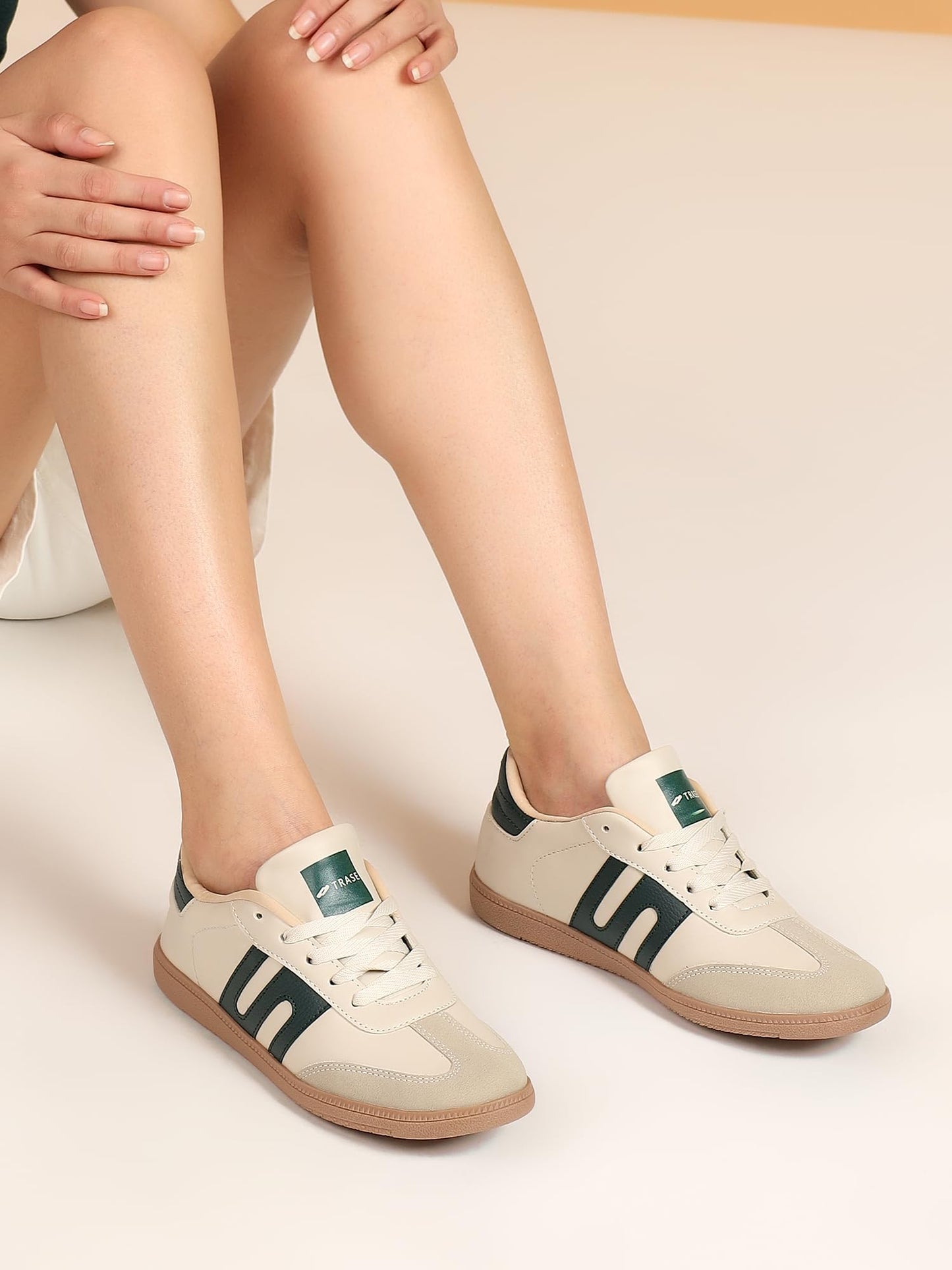 TRASE Casual Sneaker Shoes for Women | Soft Cushioned Insole | Sneakers for Woman | Lightweight | Comfortable | Stylish, Trendy Girls and Women Sneakers with Laces (Green-Cream, 4 UK)
