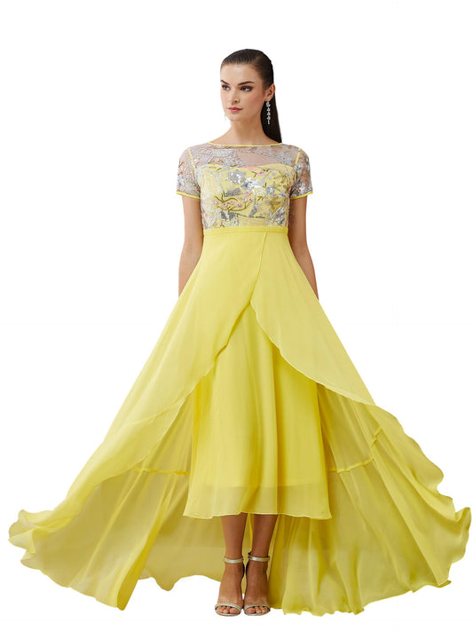 Miss Chase Womens Round Neck Short Sleeve Floral Layered Georgette Midi Dress (MCSS23D13-78-164-04, Multicolored Base Yellow, M)