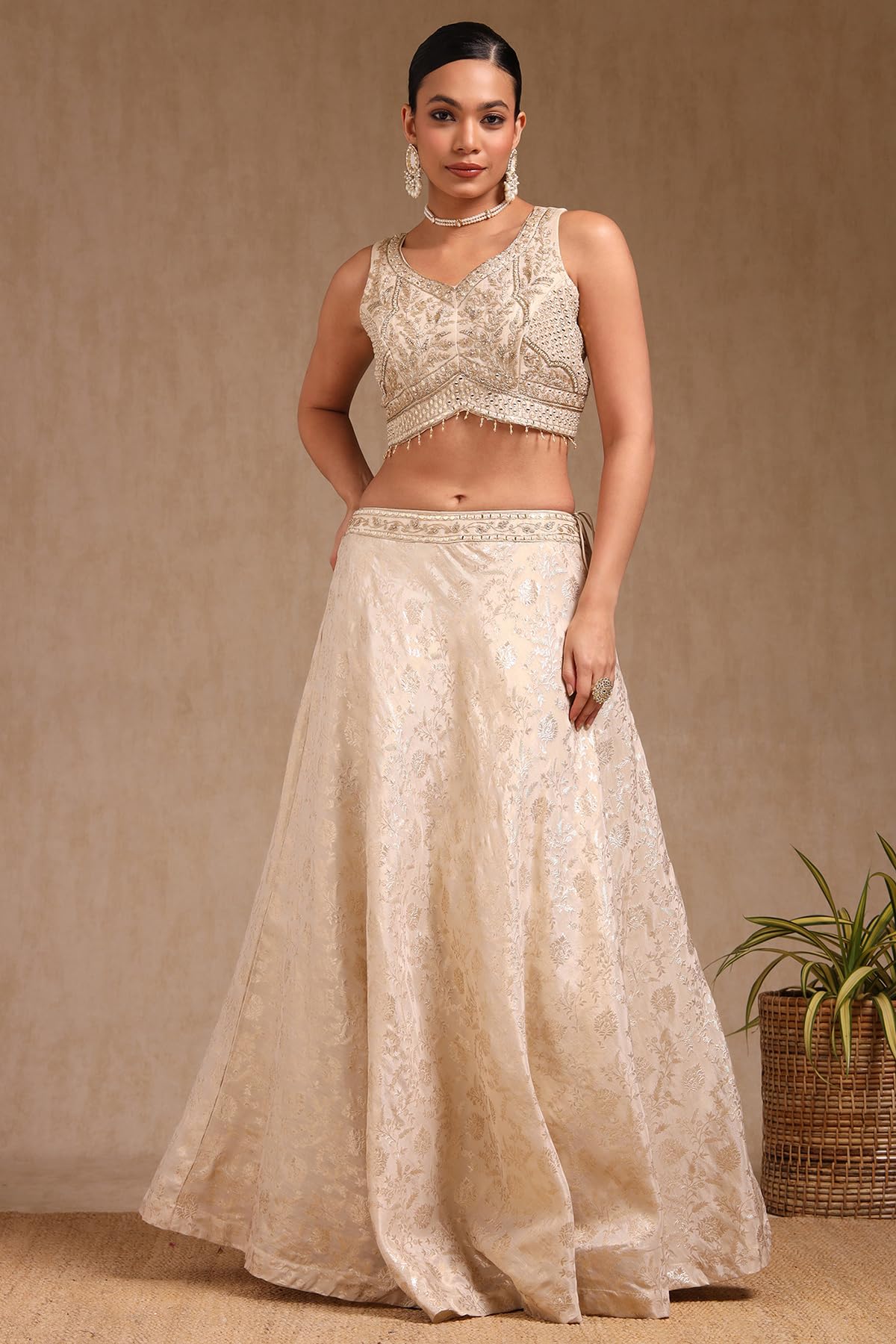 Soch Womens Off White Brocade Embroidered Lehenga Choli With Mirror and Stone