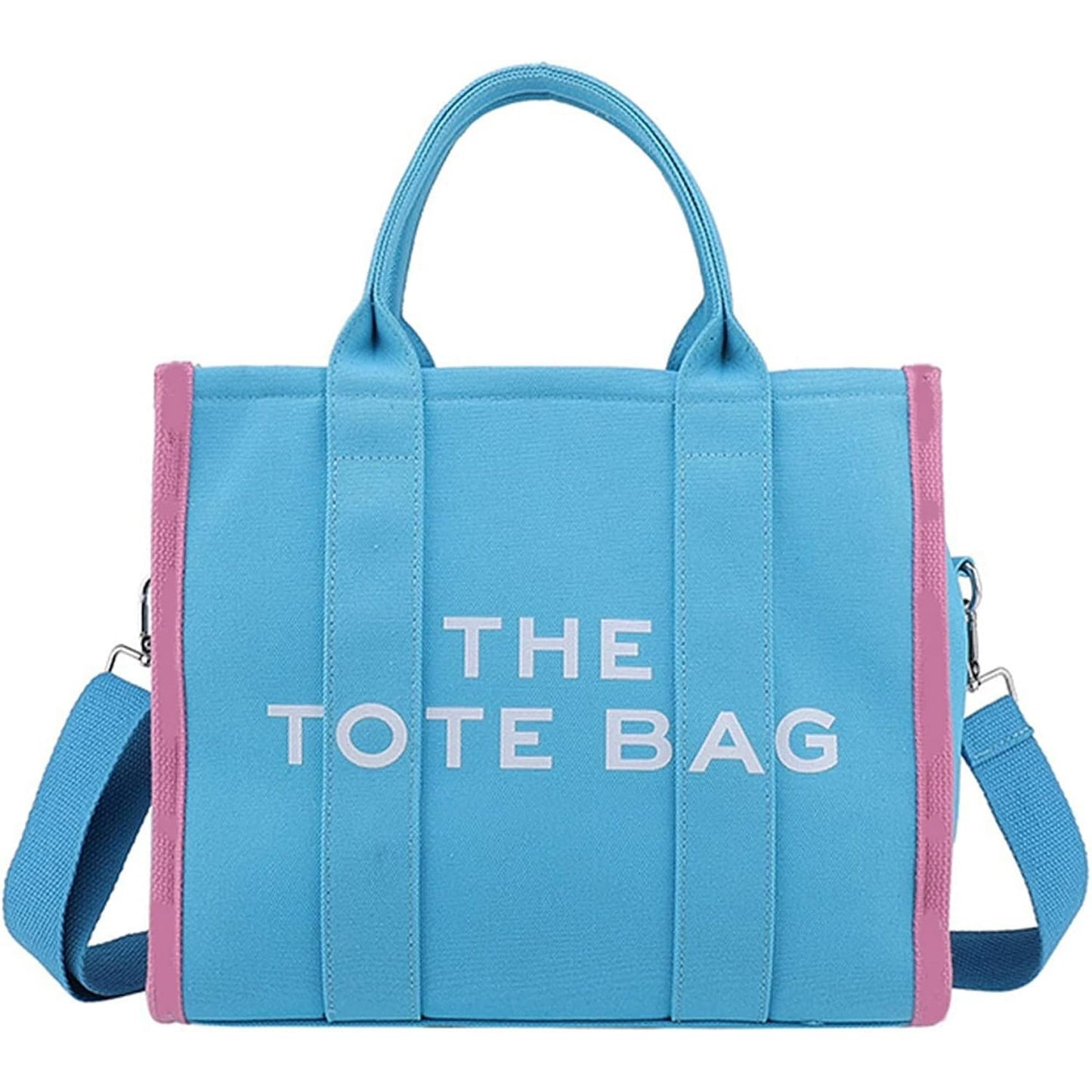 MAIRO LIFESTYLE Women Canvas The Tote Bag with Zipper Small Purse Crossbody Bag Top Handle Traveler Handbag (Blue with Pink edge)