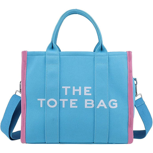 MAIRO LIFESTYLE Women Canvas The Tote Bag with Zipper Small Purse Crossbody Bag Top Handle Traveler Handbag (Blue with Pink edge)