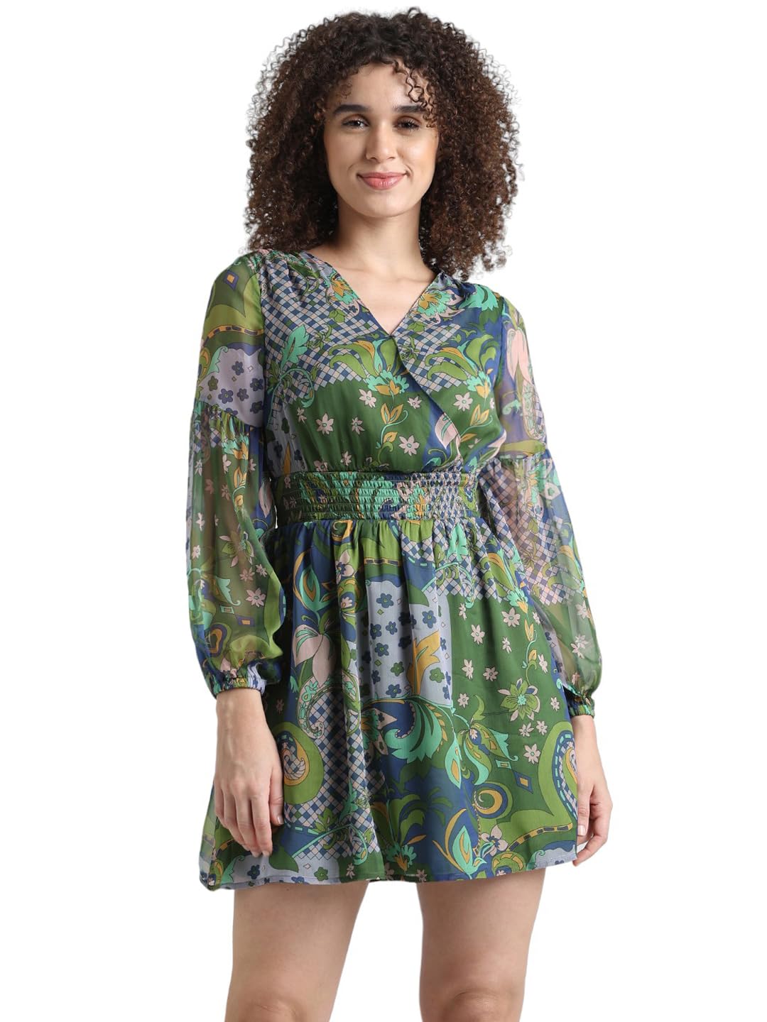 ONLY Women Printed Polyester Above Knee Green A-line Dress