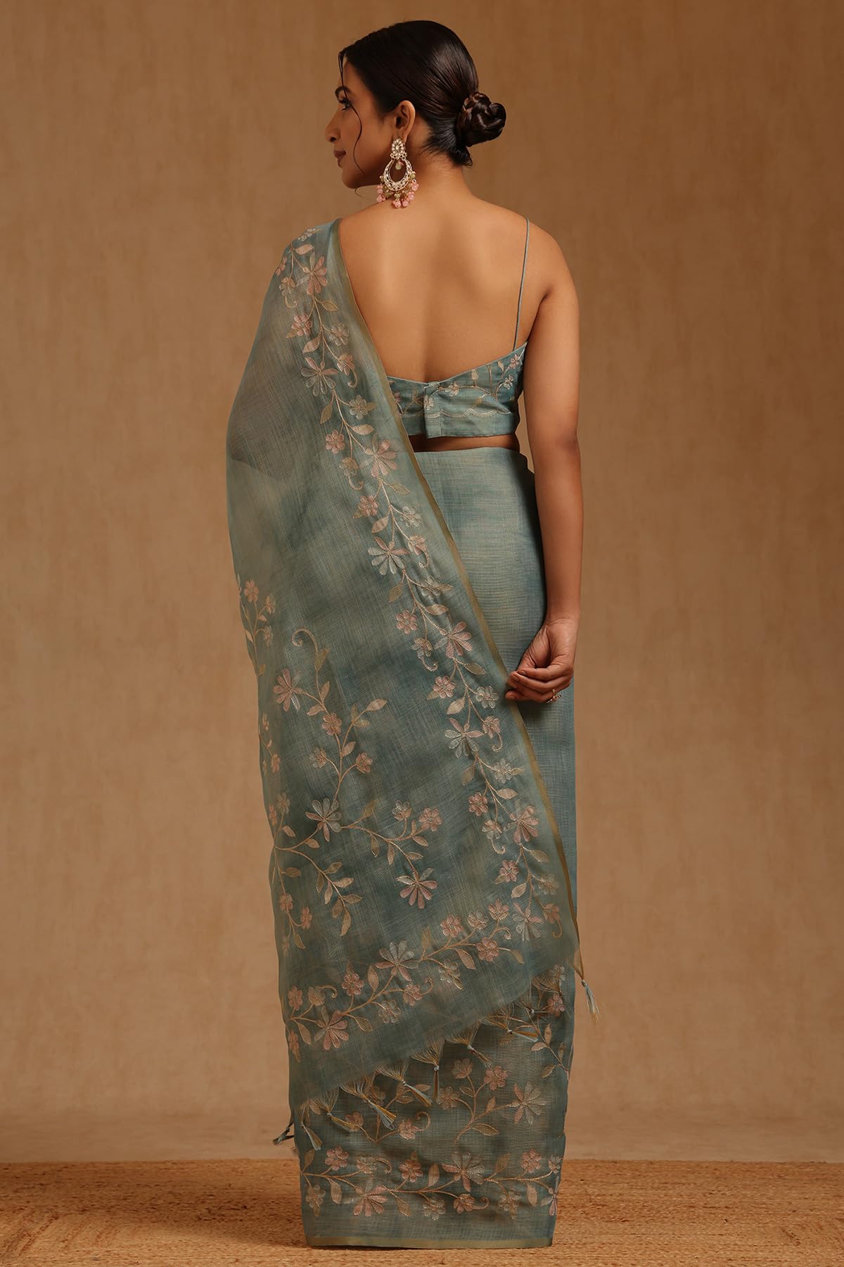 Soch Womens Light Teal Linen Floral Printed Saree With Zari