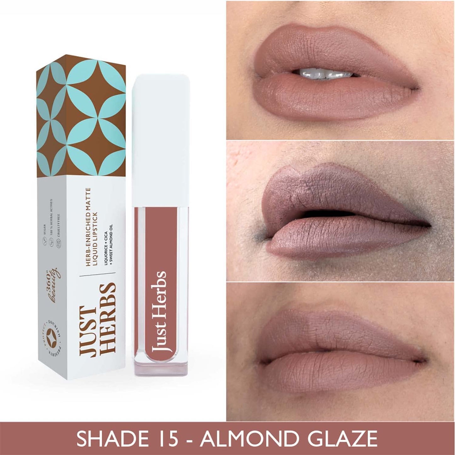 Just Herbs Ayurvedic Creamy Matte Long Lasting Liquid Lipstick, Lightweight & Hydrating Lip Colour with Liquorice & Sweet Almond Oil - Almond glaze