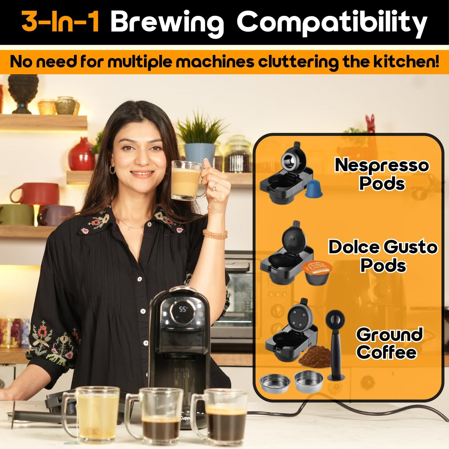 InstaCuppa 3-in-1 Espresso Coffee Maker, Works with Ground Coffee, Pods & Capsules, Electric Kettle Mode with Temperature Control, Adjustable Volume, Self-Cleaning, LED Touch Control and Display