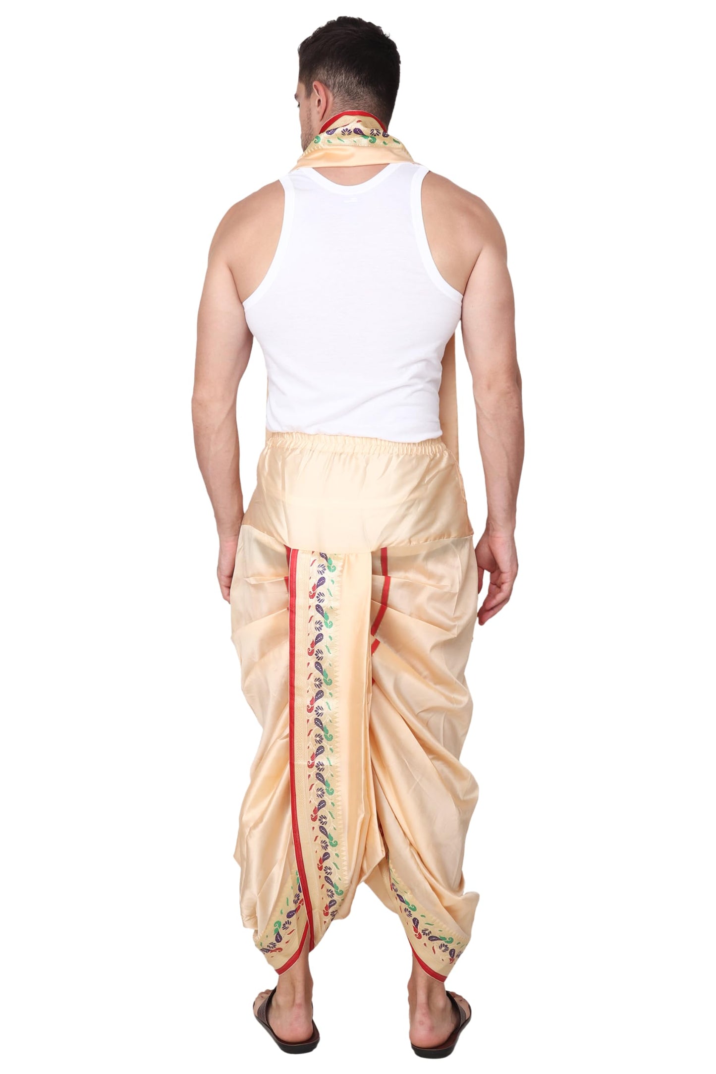 Rameshwaram Fabrics Men's Indian Traditional Wedding Dress, Readymade Dhoti with Sherwani Style Kurta - Stole (XL-Extra Large-42, Gold-Gold)