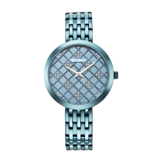 Titan Quartz Analog Blue Dial Stainless Steel Strap Watch for Women-NS95163QM02