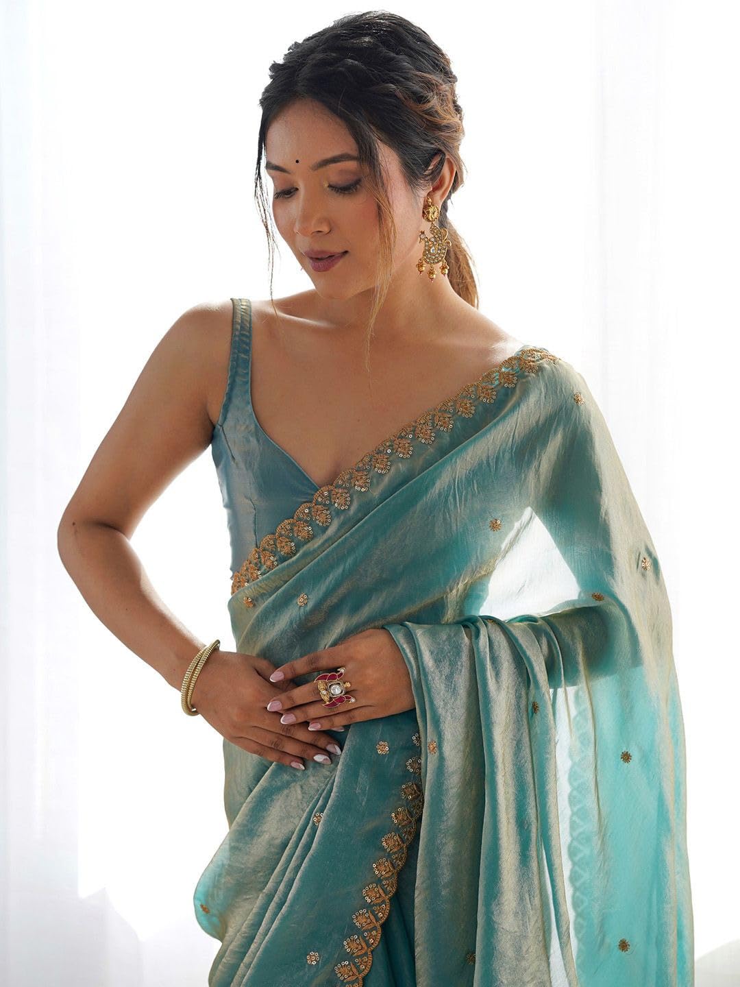 NIRLABH Women Embellished Sequinned Tissue Silk Saree (BLUE BEGIE)