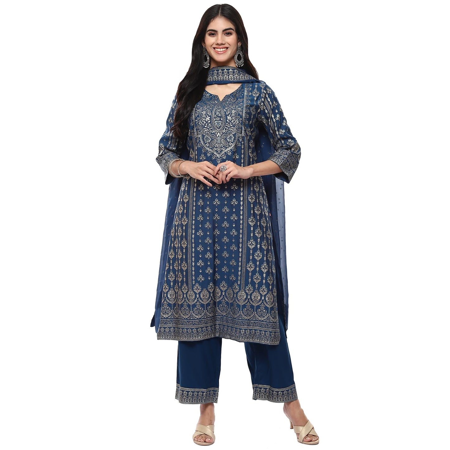 BIBA Women Polyester Blend Printed Straight Salwar Kurta Dupatta(Skddurgotsa8916_Teal_36), Green