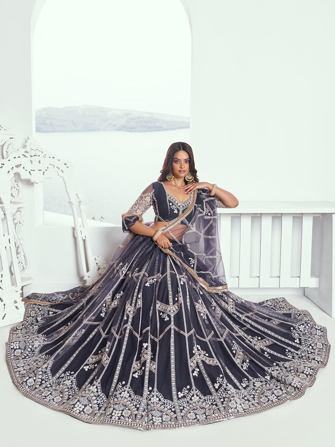 Zeel Clothing Women's Cotton Thread Sequins Work Embroidery Soft Net Readymade Lehenga Choli Set With Dupatta (Nfh-2203-Dark-Grey-Women-Lehenga-Choli-Latest; Free Size)