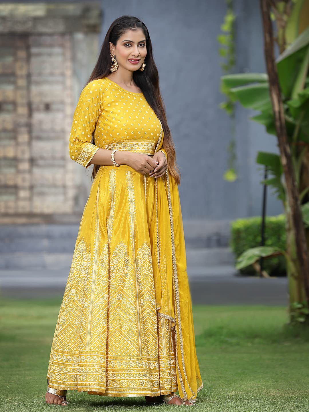 Juniper Women's Mustard Santoon Slub Festive Printed Crop Lehenga Choli Dupatta Set-XXL