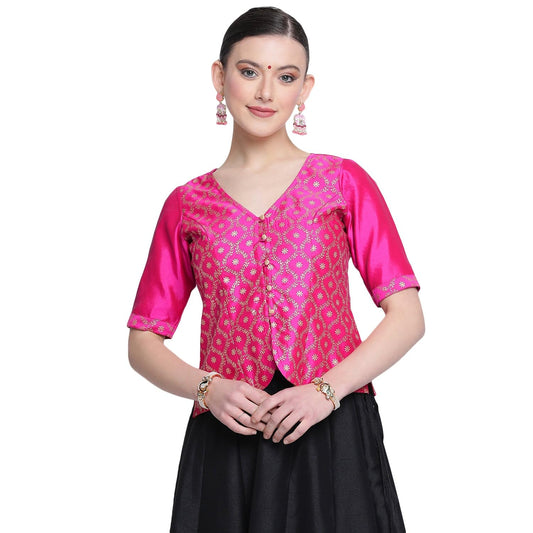 studio rasa Women's Silk Blend Block Printed Button Down Blouse for Wedding Festive Party (TPWC224BL17L_Large_Pink)