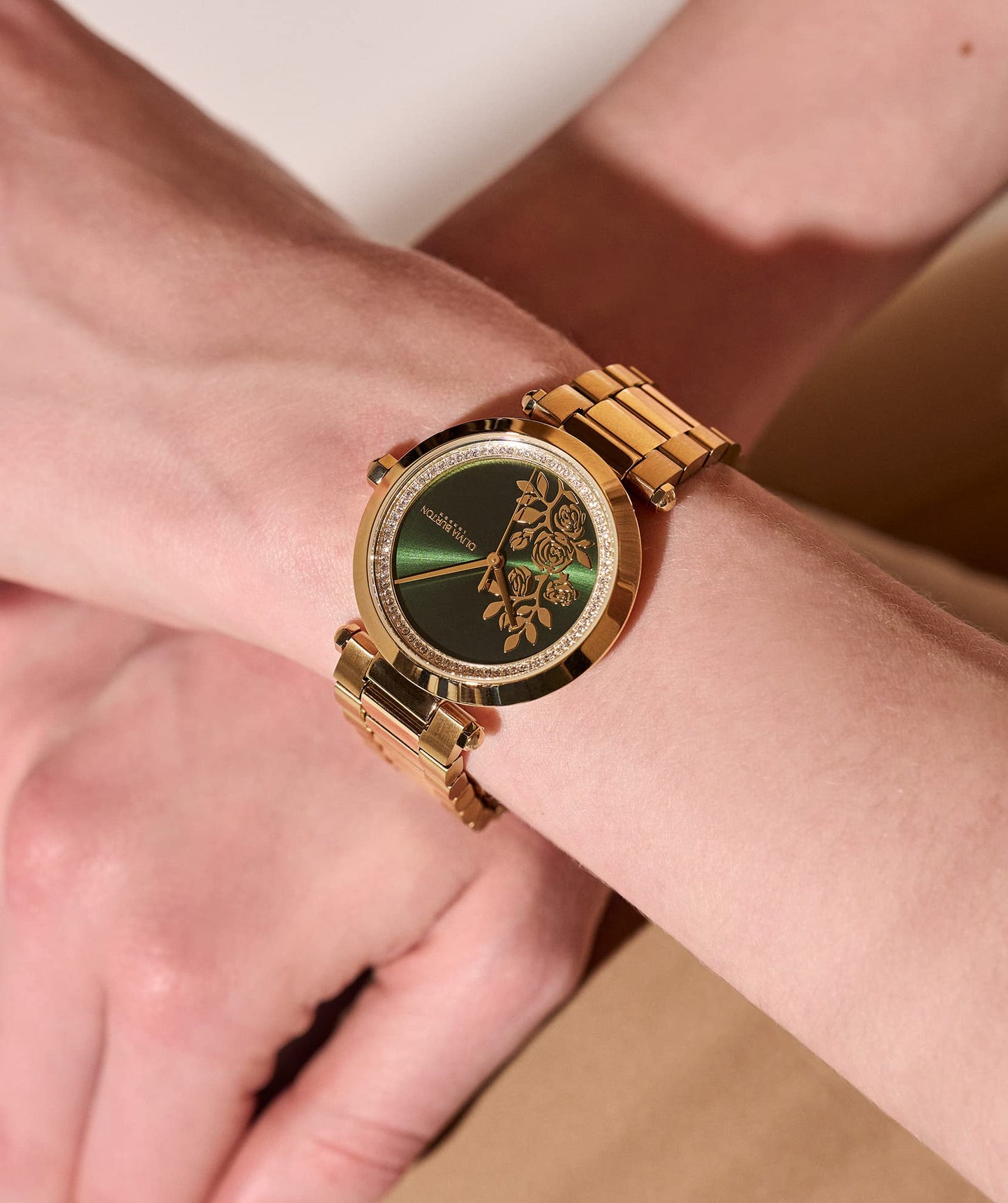 Olivia burton Tbar Floral Qtz Basic Green & Stone Round Dial Women's Watch|Ionic Plated Gold Steel Material|Gold Color Band - 24000043