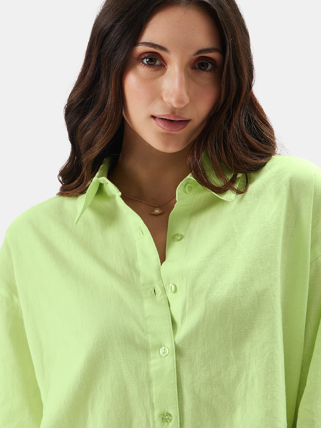 The Souled Store Solids: Lime Women and Girls Loose fit Full Sleeve Cotton and Linen Yellow Color Women Boyfriend Shirts