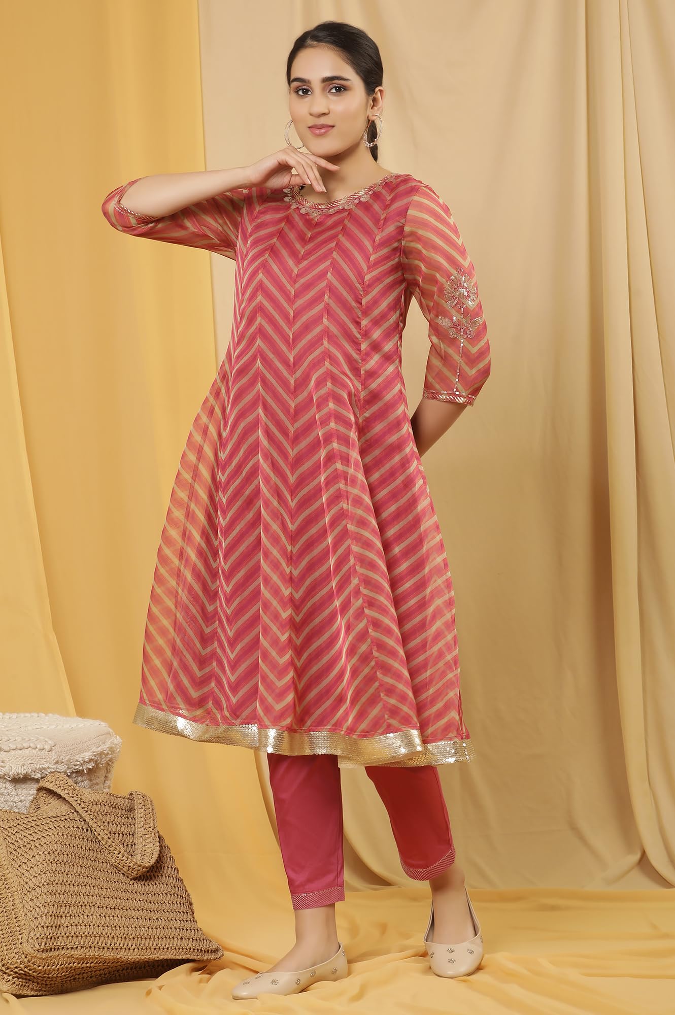 W for Woman Pink Festive Striped Print Organza Flared Kurta Set with Straight Pant_24FEWS19928-121974_XL