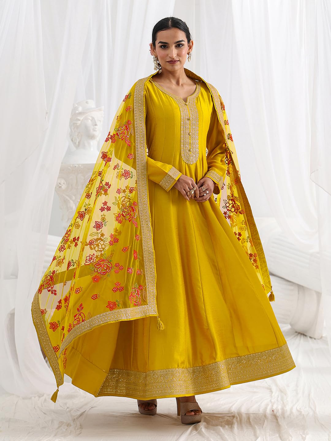 Libas Embroidered Silk Blend A-Line Ethnic Dress with Dupatta-93611M