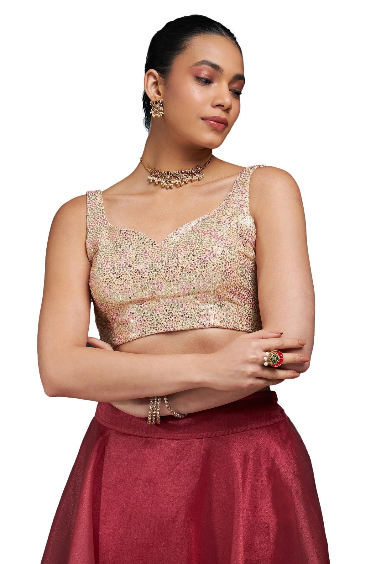 Soch Womens Beige Sequinned Embellished Georgette Padded Blouse