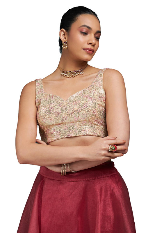 Soch Womens Beige Sequinned Embellished Georgette Padded Blouse