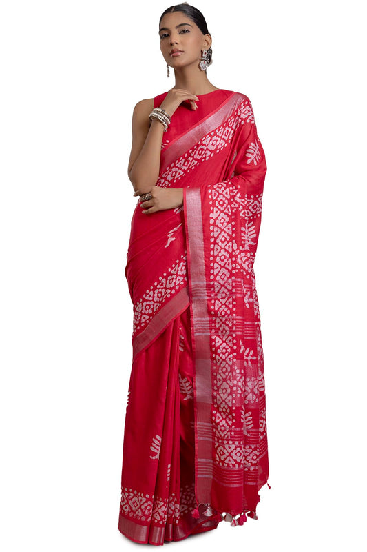 Soch Womens Fuchsia Linen Batik Print Sarees With Tassels
