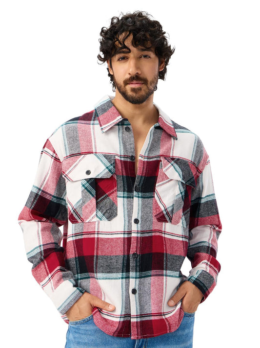 The Souled Store Plaid: Red, White, Blue Men and Boys Long Sleeves Collared Neck Button Front Cotton Oversized Flannel Shackets