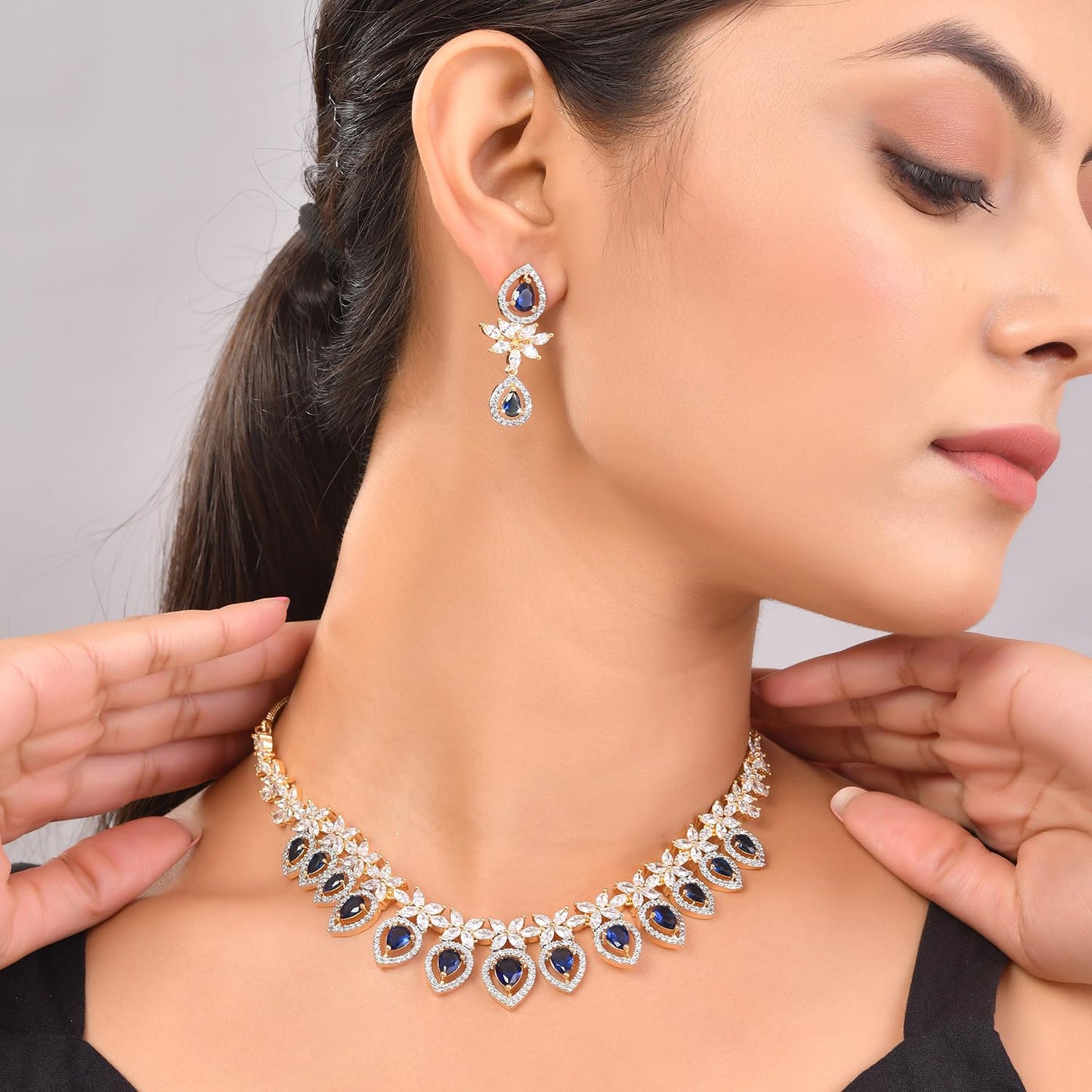 VOYLLA Sparkling Elegance Blue Allure American Diamond Necklace Set |Necklace Sets For Women| Short Necklace Set For Women|Wedding|Party|Gift For Women|American Diamond|Cz Necklace Sets|