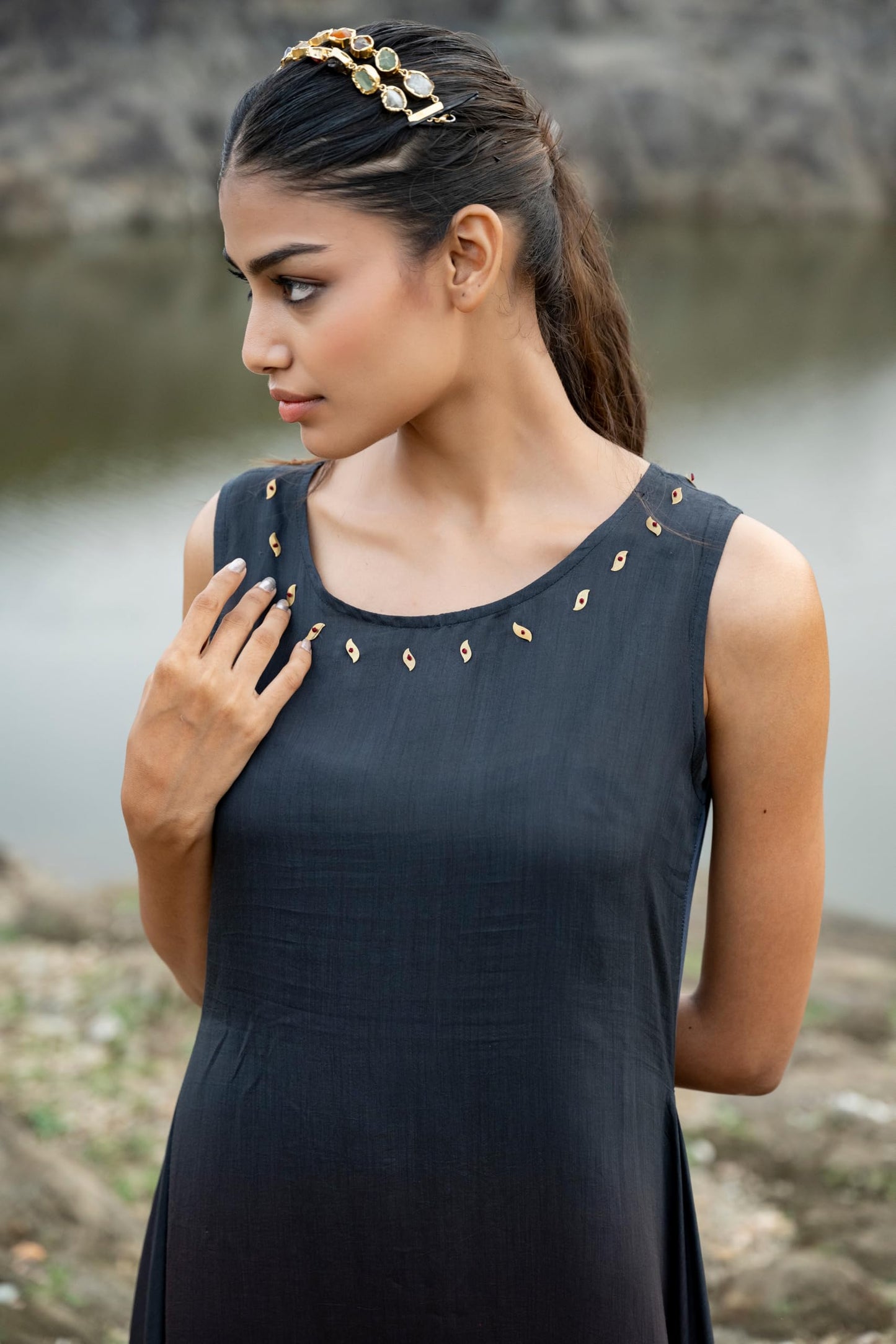 MIORAH Artisanal Ethnic Dress for Women & Girls,Muslin Modal Regular Fit One Piece Dress for Women’s, Sleeveless Round Neck Midi Dress with Hand Embroidery and Metal Sequins (Colour- Ombre, Size- 3XL)