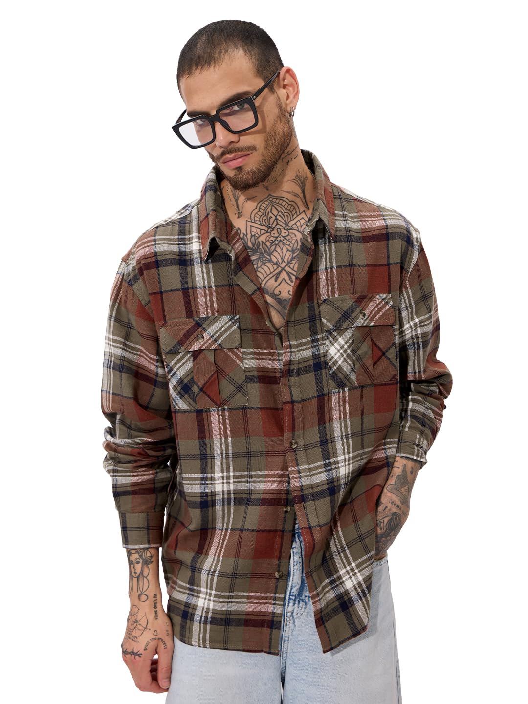 The Souled Store Plaid Originals: Brown, Rust, Black Men and Boys Long Sleeve Collared Neck Regular Fit Cotton Button Down Utility Shirt