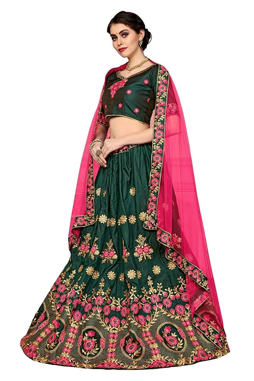 SAFERSKY Women's Semi stitched Heavy Embroidery Work Lehenga Choli Green & Light Pink Free Size