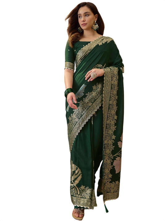 SIRIL Women's Silk Zari Jacquard Saree with Unstitched Blouse Piece (5314S102_Dark Green)