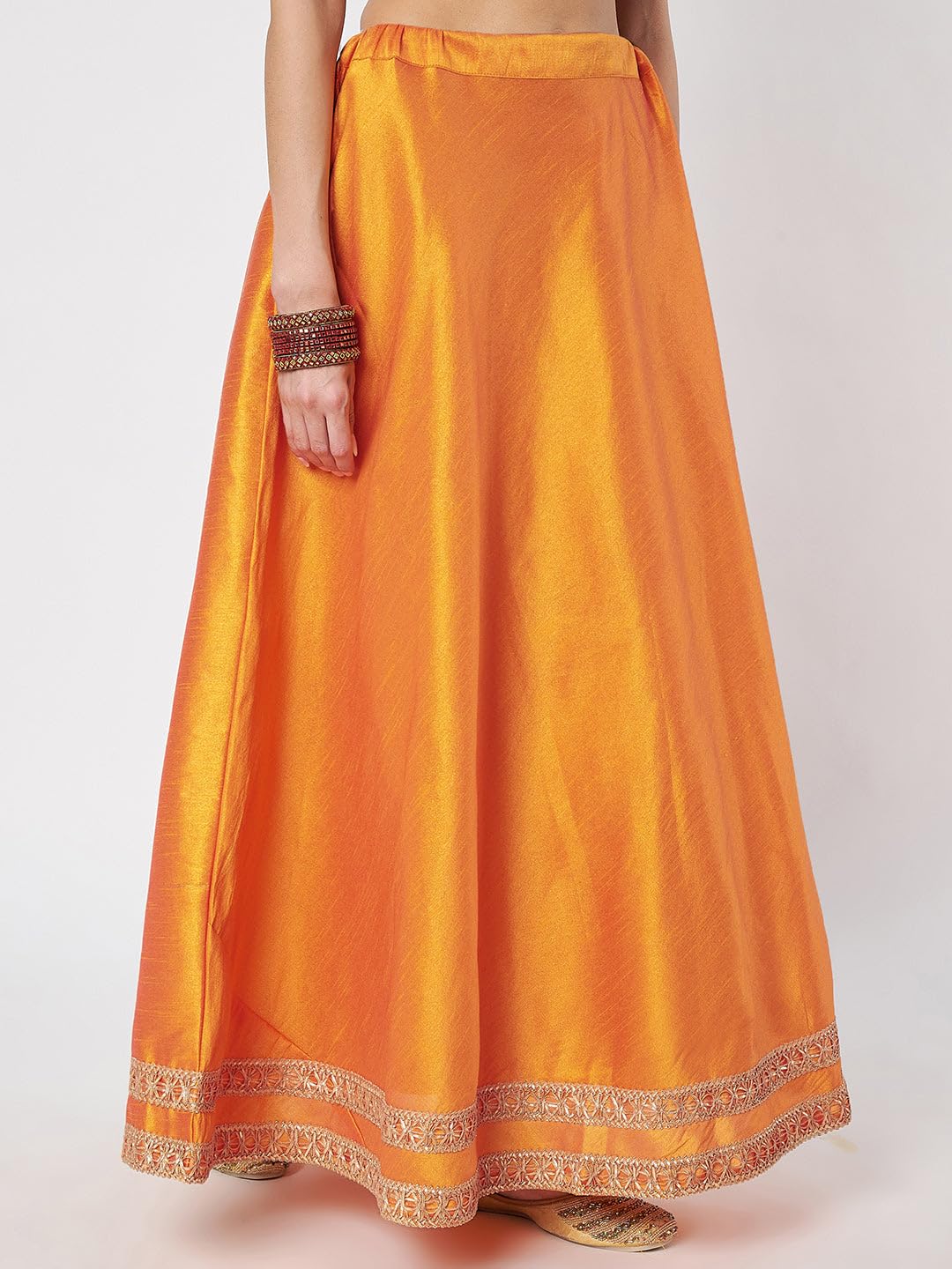 studio rasa Women's Dupion Solid Embellished Bias Skirt for Festive Party Wedding (SKTC42501XL_Orange_X-Large)