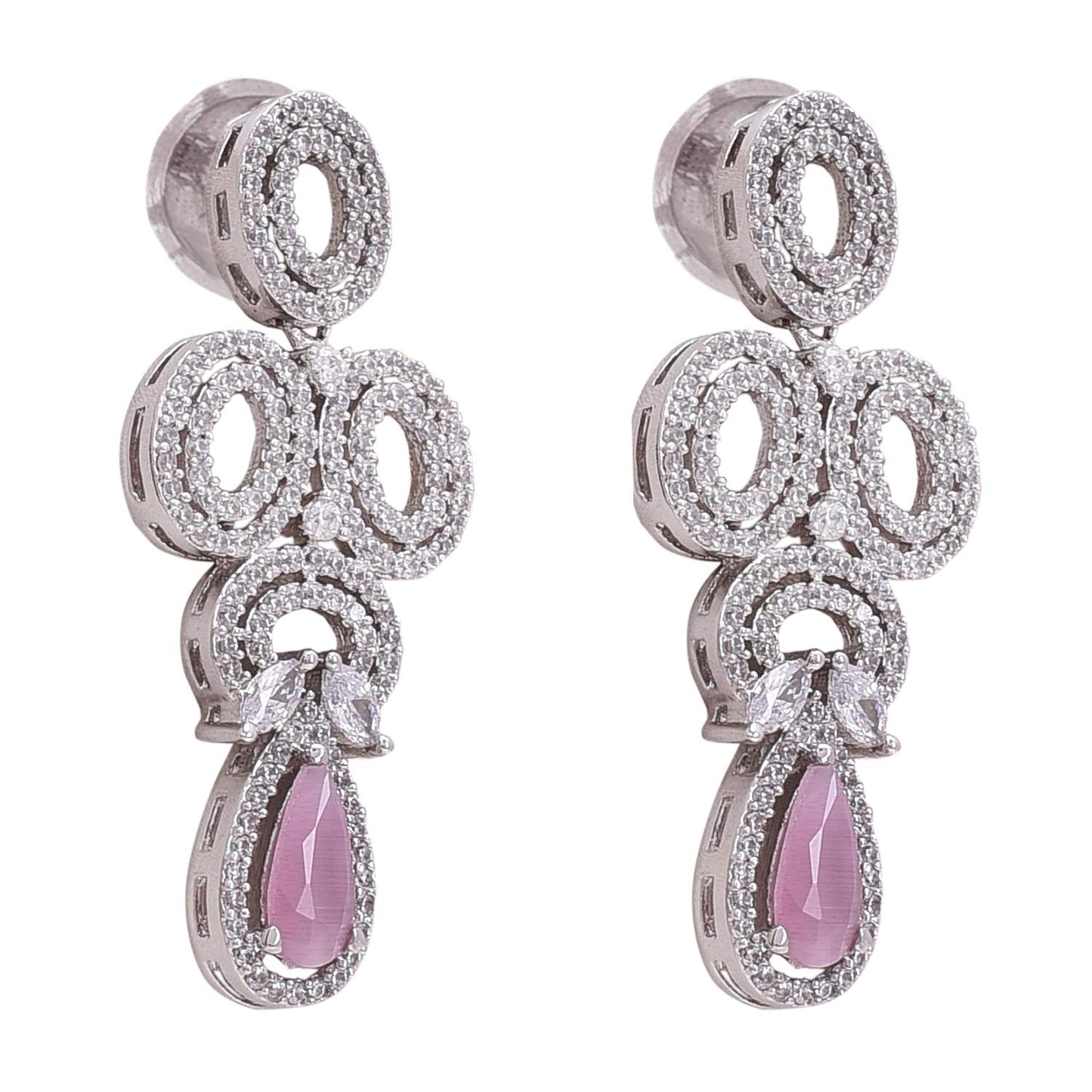 Ratnavali Jewels Brass Silver Plated Designer Pink White Cubic Zirconia Heavy Bridal Necklace & Earrings Set for Women & Girls RV4077P