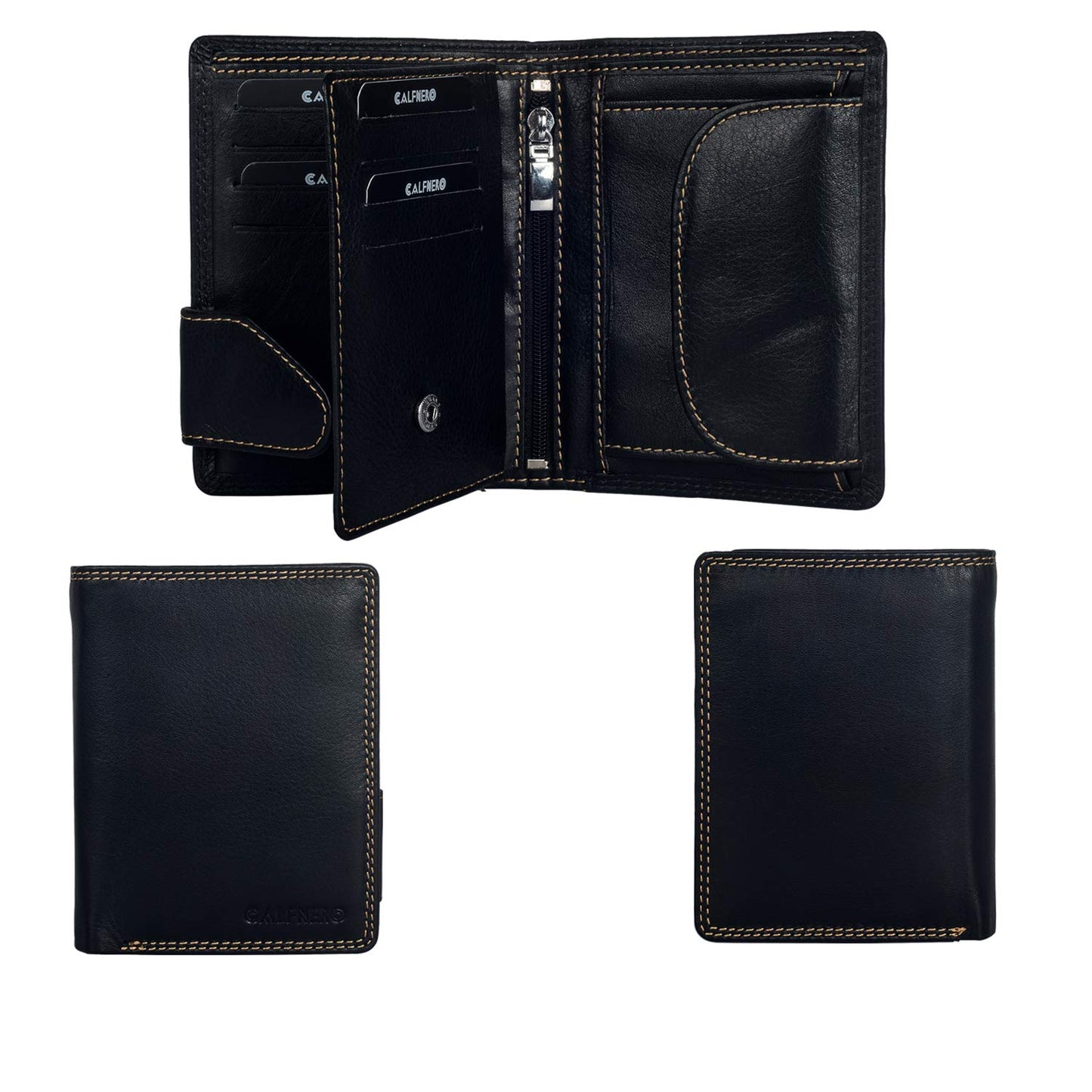 Men's Genuine Leather Bifold Wallet-Multiple Card Slots ID Window with Coin Pocket-Black Wallet by Calfnero