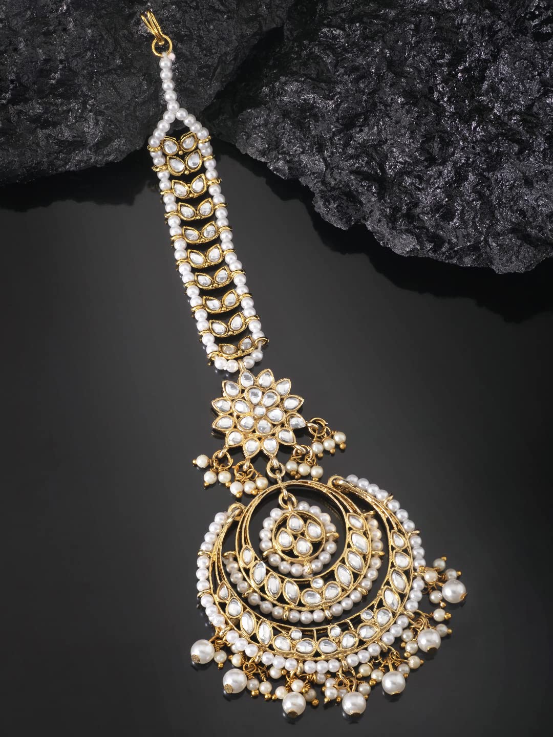 Peora Gold Plated Wedding Kundan White Pearl Maang Tikka for Women