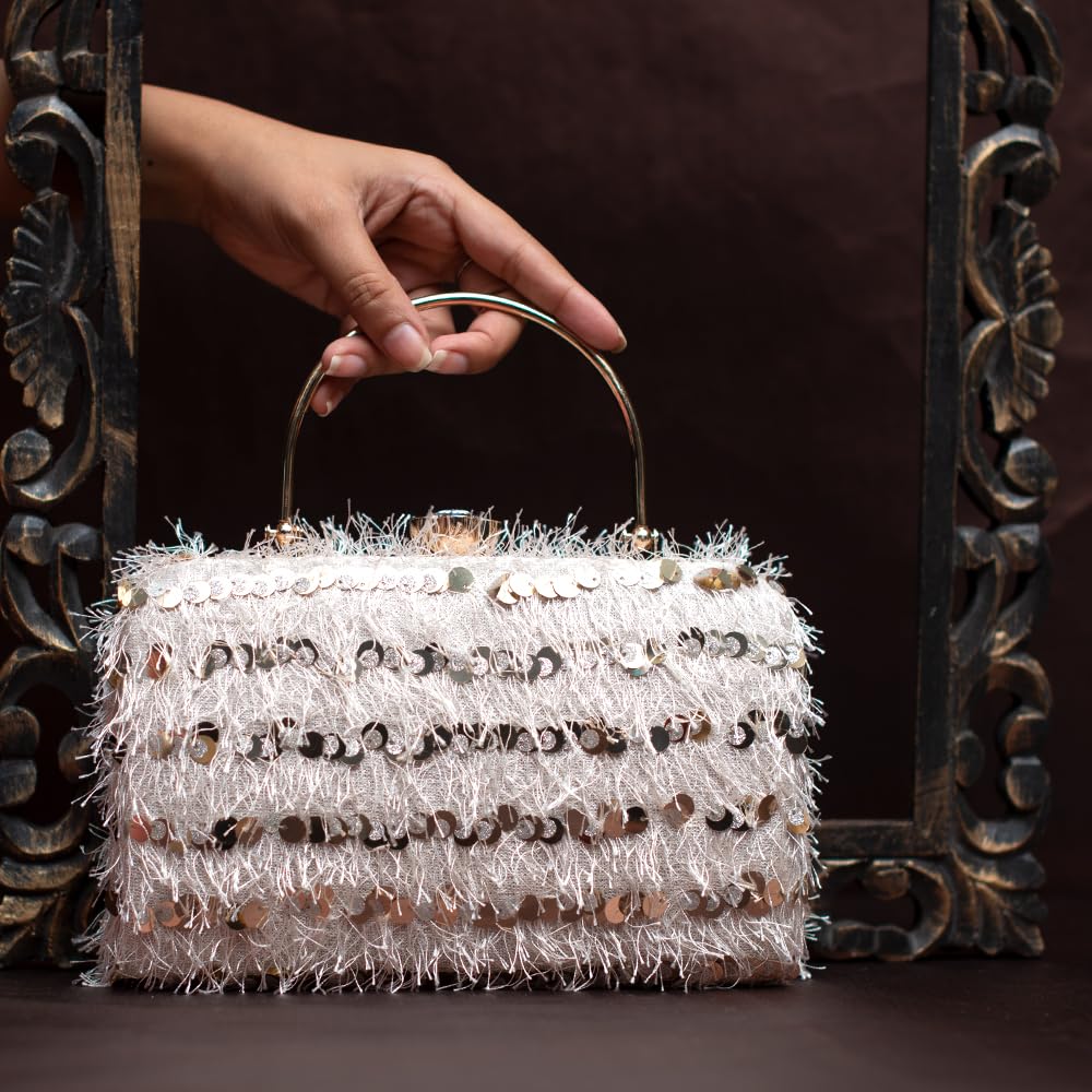 Artklim White Sequins Embroidery Velvet Party Clutch Bag For Women