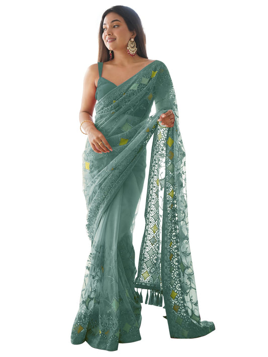 AKHILAM Women's Net Woven Design Saree With Unstitched Blouse Piece, Green