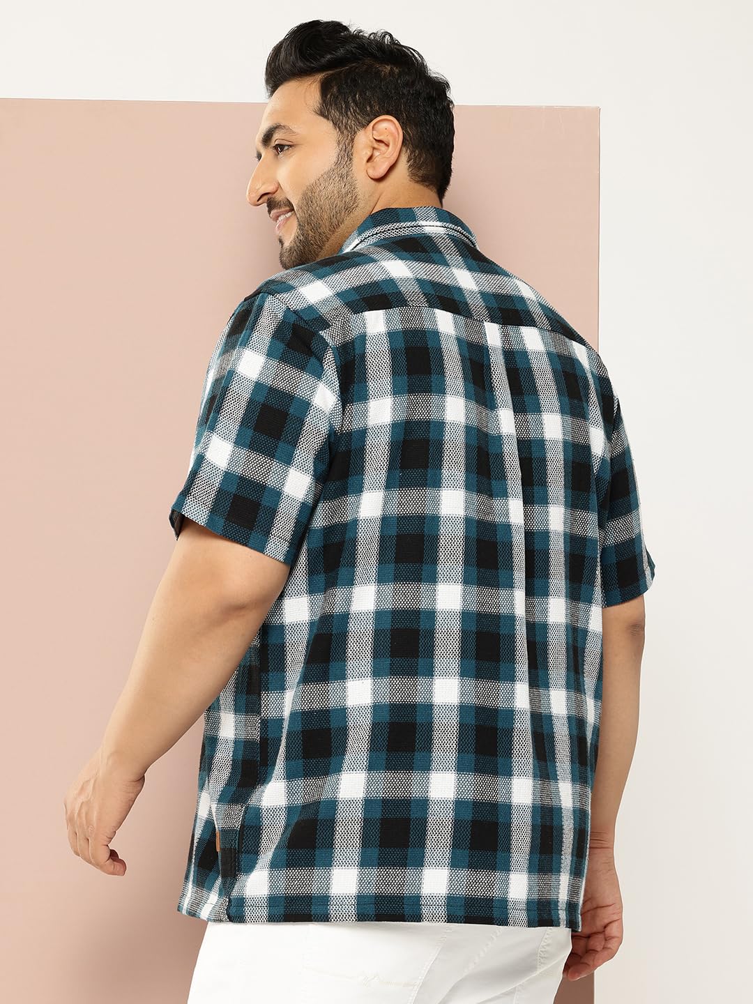 Thomas Scott Men | Short Sleeves | Regular Fit Plus Size | Windowpane Checks | 100% Cotton | Cuban Collar | Casual Shirt(TS1729_Teal_6XL)