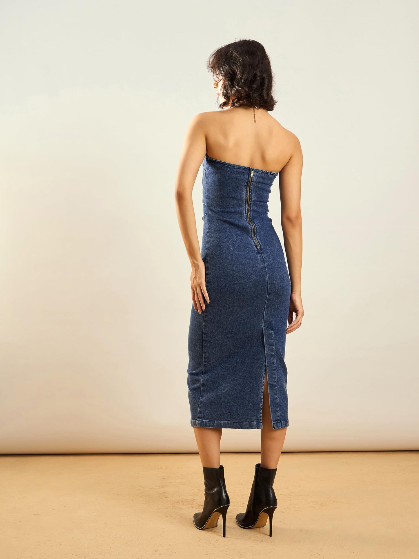 SASSAFRAS Women's Denim Bodycon Dress Below The Knee SFDRSS12271