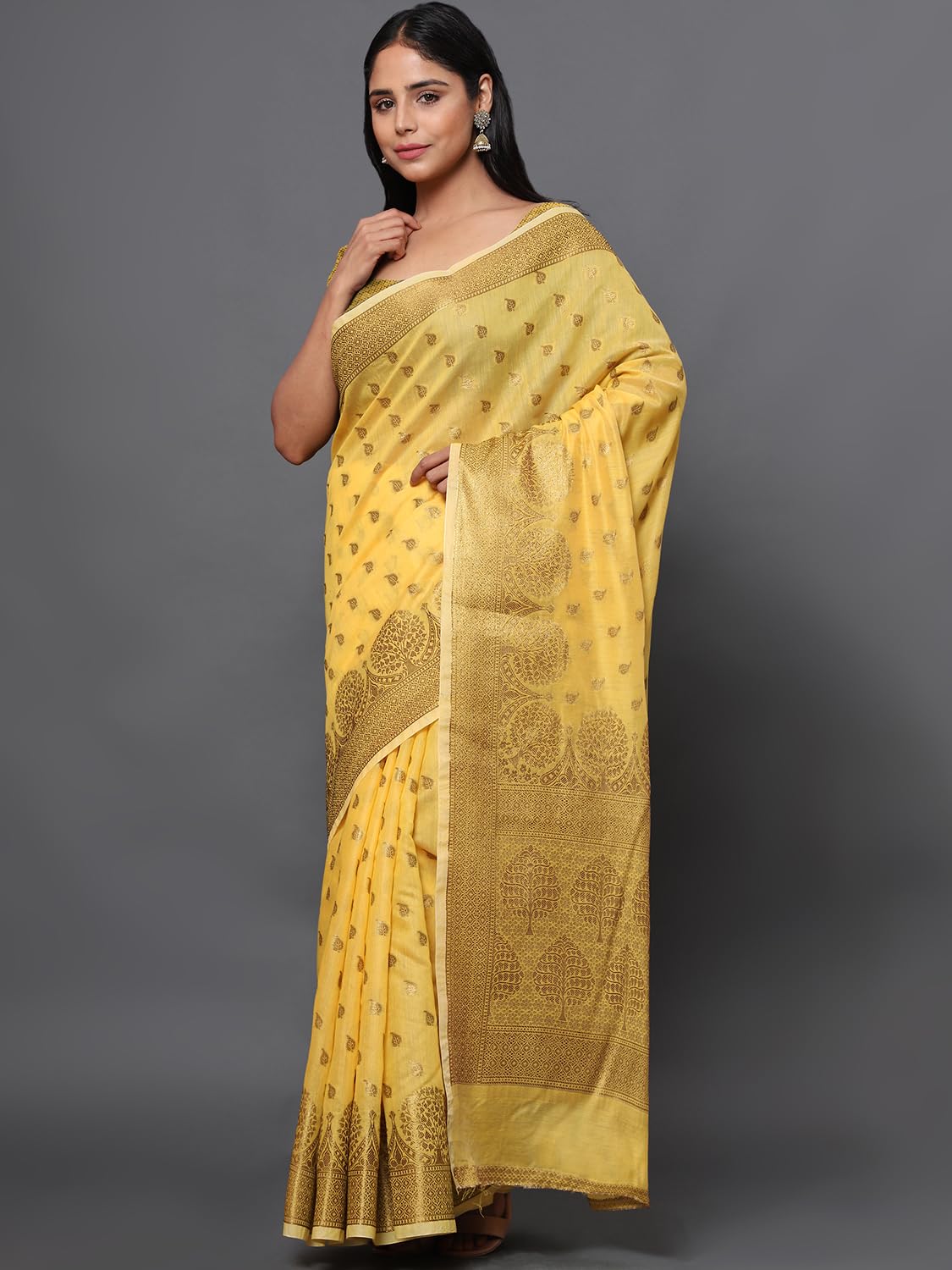 leeza store Women's Yellow Cotton Silk Blend Golden Zari Tree Pattern Border Rich Pallu Banarasi Saree With Blouse Piece