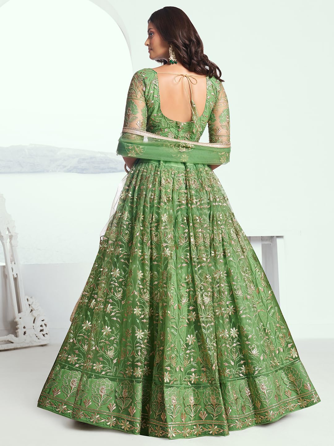 Zeel Clothing Women's Cotton Thread Sequins Work Embroidery Soft Net Readymade Lehenga Choli With Dupatta (Nfh-2205-Pista-Green-Women-Lehenga Choli Set Latest; Free Size)
