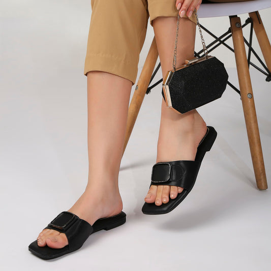 KENNETH COLE Women's Flat Slide Sandal | Synthetic | Square Toe, Rhinestone Buckle