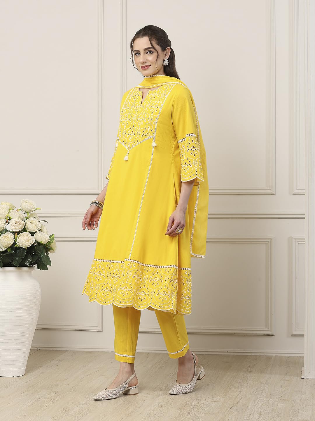 Biba Women Yellow Cotton Kalidar Suit Set_34