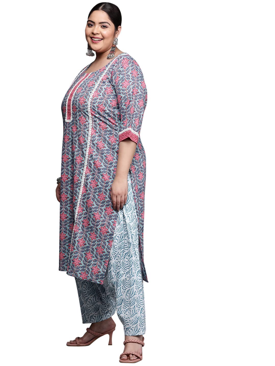 Extra Love by Libas Blue Printed Cotton Straight Kurta Sets for Women
